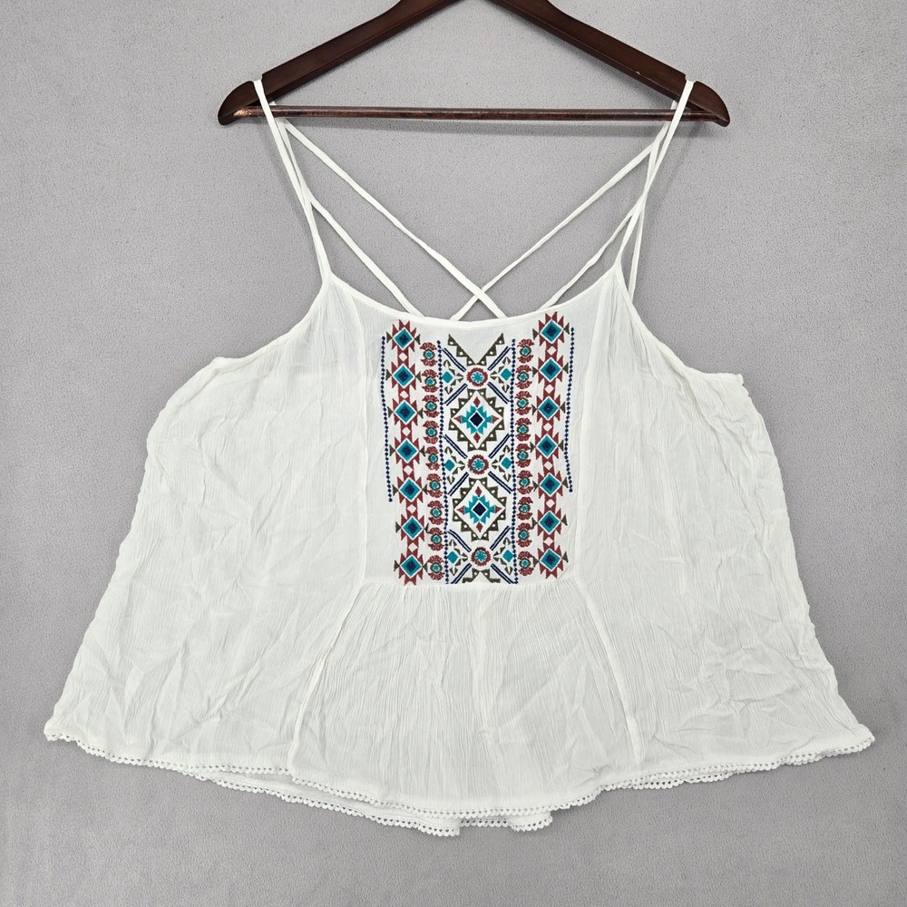 Massini XL Embroidered Boho Cami Top Womens White Tribal Festival Aesthetic
